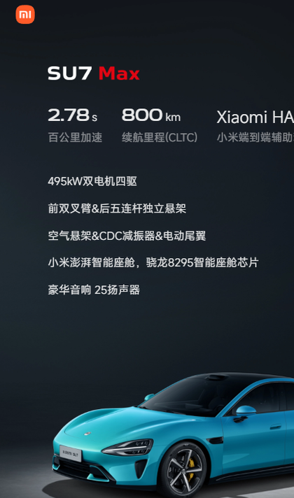 小米SU7系列车型交付时间大幅缩短 Max可年内提车