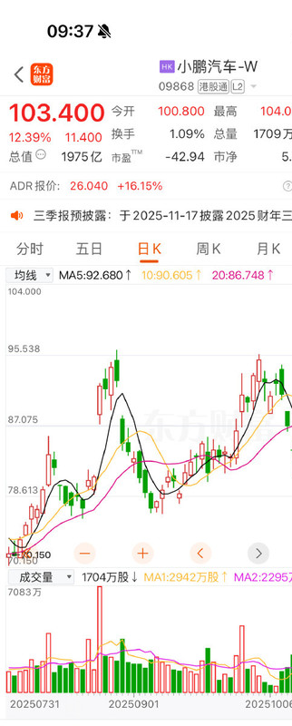 小鹏变“大鹏”!小鹏汽车港股大涨12% 股价突破100元